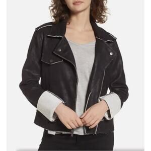 Splendid Faux Suede French Terry Moto Jacket Black White Raw Hem XS
